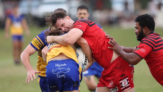 Keaton White defending for Byron. Picture: DC Sports Photography