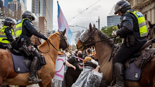 A trans flag flies in the crowd. Picture: NewsWire/Tamati Smith