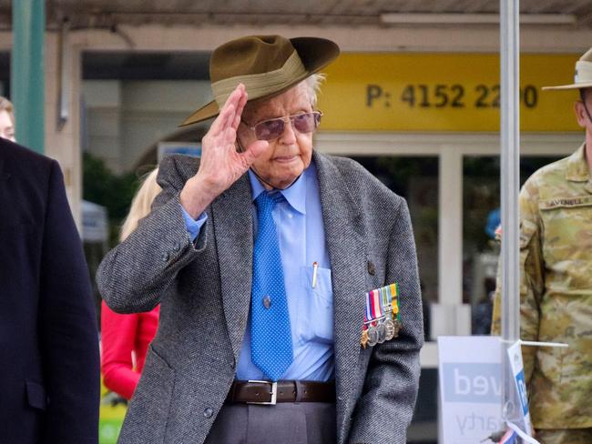 Herbert Woodward taking the salute during the Bundaberg 2019 Anzac Day parade.