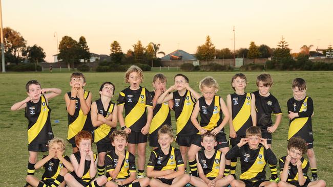 Torquay Browning under-9 football team pull their funniest faces. Picture: Alison Wynd