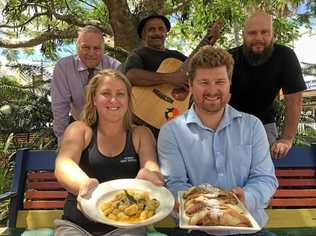 Launching Eat the Street 2018 are Lismore Business Panel chair Hayley Brown and Lismore City Council Tourism and Events Manager Mitch Lowe (front) with (rear l-r) Lismore Workers Club catering manager Dominic Dagostino, entertainer Bill Smith and Lismore Workers Club chef Murray Donkin. Picture: Jasmine Burke