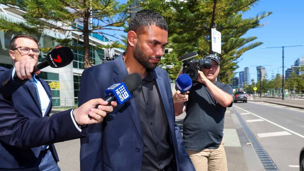 Tarryn Thomas leaving AFL House after speaking to the league’s integrity unit in January. The Kangaroos footballer has been suspended for 18 weeks. Picture: Brendan Beckett