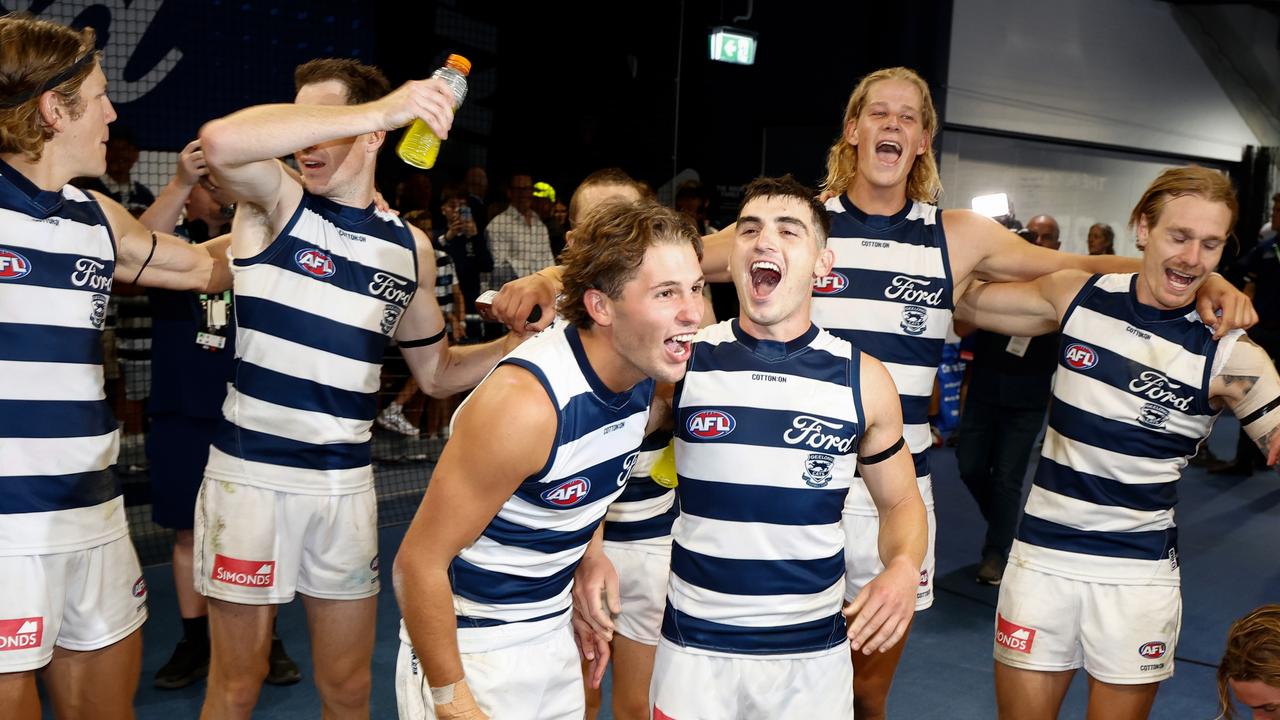 Jhye Clark and Shaun Mannagh celebrate the win over St Kilda. Picture: Michael Willson/AFL Photos via Getty Images