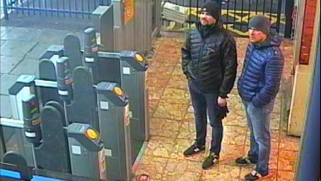 Russian agents using the names Ruslan Boshirov, left, and Alexander Petrov are captured on CCTV at Salisbury train station. Picture: AFP