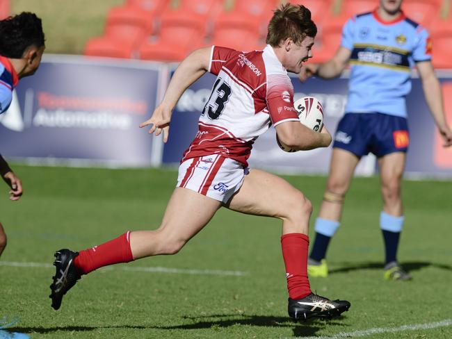 Nate Berrigan on the way to try for Brisbane Dolphins against Western Clydesdales in Mal Meninga Cup round 2 Queensland Rugby League at Toowoomba Sports Ground, Saturday, February 22, 2025. Picture: Kevin Farmer