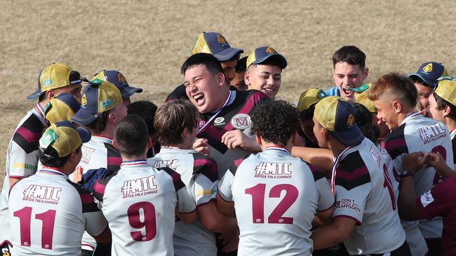 Marsden High’s Teva Grey celebrate the win with teammates in the year 9-10 division... Picture Glenn Hampson