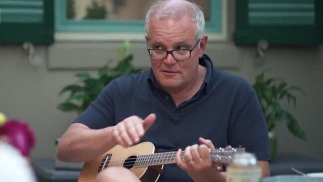 In a tongue-in-cheek reference to the much-maligned Hawaii holiday, Scott Morrison played a ukulele during his 60 Minutes interview. Picture: Nine