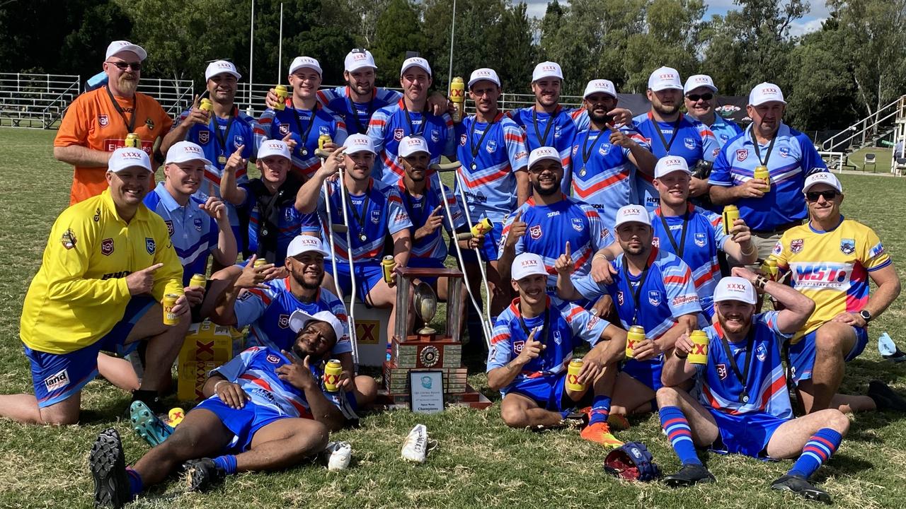 Toowoomba Clydesdales celebrate their 24-10 victory over reigning champs Rockhampton Rustlers in the XXXX 47th Battalion rugby league Trophy Final. Photo: Contributed.