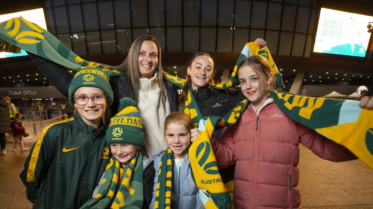 Leah White, Kim White, Ivory Girdham, Opal Girdham, Ryley Whiteand Silva Girdham at the Matildas game Picture: Brett Hartwig