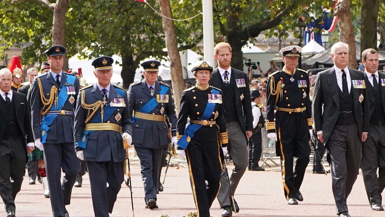 Andrew and Harry wore mourning suits during the procession behind the Queen’s coffin this week. Picture: Getty Images.