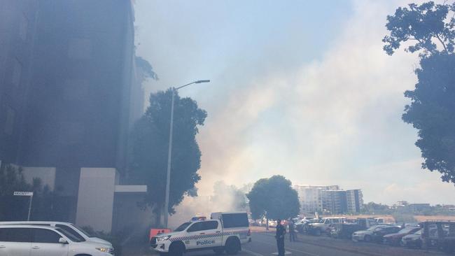 Emergency services rushed to the large fire on the block next to the Evolution building in Darwin’s CBD