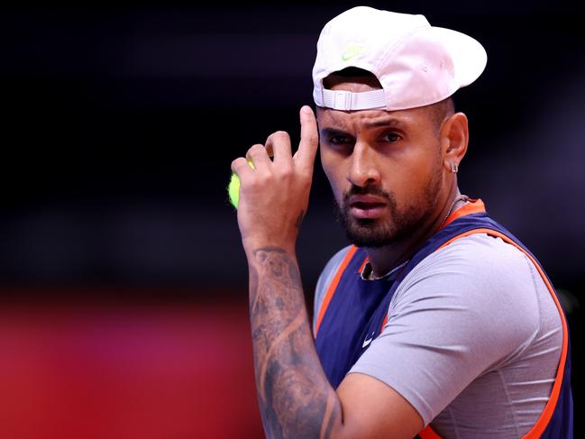 DUBAI, UNITED ARAB EMIRATES - DECEMBER 19: Nick Kyrgios of Eagles looks on during day on of the World Tennis League at Coca-Cola Arena on December 19, 2022 in Dubai, United Arab Emirates. (Photo by Francois Nel/Getty Images)