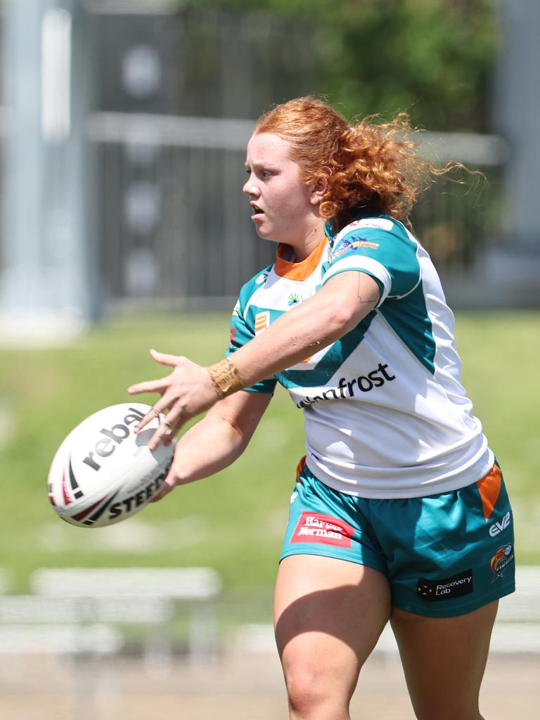 Layla Geck attacks the line in the Queensland Rugby League (QRL) Under 19 Women's match between the Northern Pride and the Mackay Cutters, held at Barlow Park. Picture: Brendan Radke