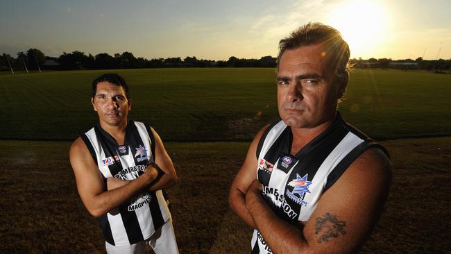 Then Palmerston coach Russell Jeffrey with junior development officer Jason Cockatoo overlooking Southern Cross Oval in 2009. Picture: Justin Sanson