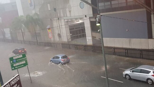 Vulture Street in Woolloongabba was flooded Tuesday afternoon. Picture: 10 News