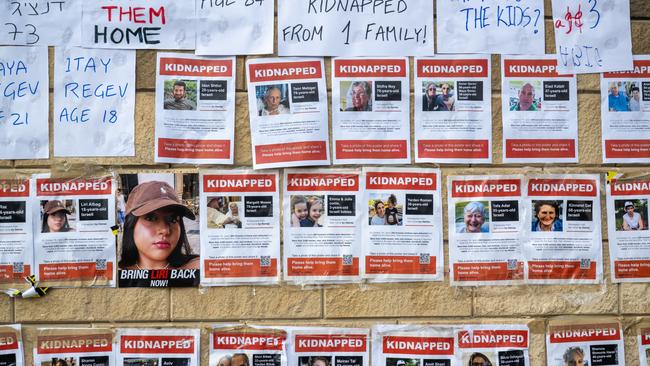 Kidnapped photos and flyers line the exterior wall of The Kirya (HaKirya) as families of the people kidnapped, as well as other supporters protest against the Netanyahu government, calling for his resignation and to bring home the kidnapped people. Picture: Getty Images