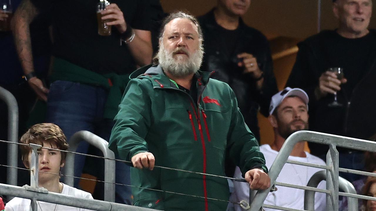 SYDNEY, AUSTRALIA - MARCH 26: Actor Russell Crowe watches the round three NRL match between the South Sydney Rabbitohs and the Sydney Roosters at Stadium Australia on March 26, 2021, in Sydney, Australia. (Photo by Cameron Spencer/Getty Images)