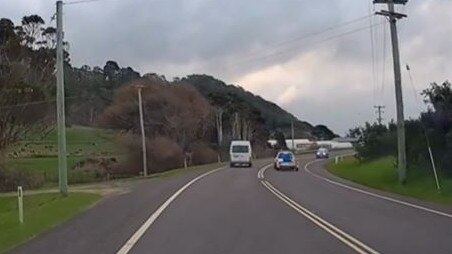 The white Subaru was seconds from a head on crash. Picture: Tasmania Police