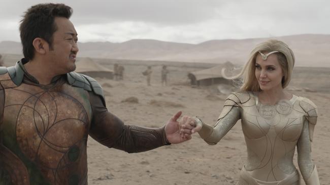 Gilgamesh (Don Lee) and Thena (Angelina Jolie) in a scene from Eternals.