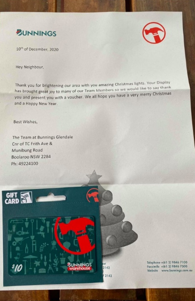 She received a lovely letter and gift card from her local ‘neighbours’ – Glendale Bunnings. Picture: Facebook/BunningsMums