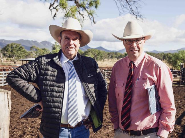 Auctioneer Paul Dooley of Tamworth pictured with Ross Milne of Elders during the Yarram Park sale. Picture: Nicole Cleary