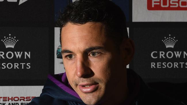 MELBOURNE, AUSTRALIA — SEPTEMBER 19: Billy Slater of the Storm talks to the media during a Melbourne Storm NRL media opportunity at Gosch's Paddock on September 19, 2017 in Melbourne, Australia. (Photo by Quinn Rooney/Getty Images)