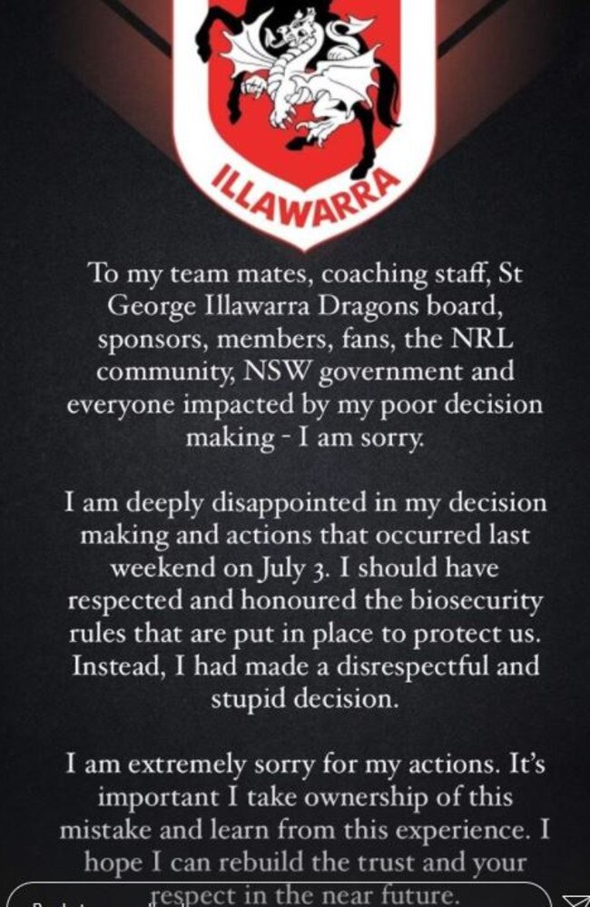 Gerard Beale’s apology. Picture: Instagram