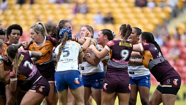 Eels and Broncos NRLW players get in a fight. Picture: NRL Imagery