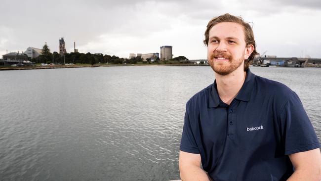 Babcock graduate engineer Matthew Rourke at the Port Adelaide wharf. Port Adelaide/ Kaurna Yarta on Tuesday, May 16, 2023. (The Advertiser/ Morgan Sette)