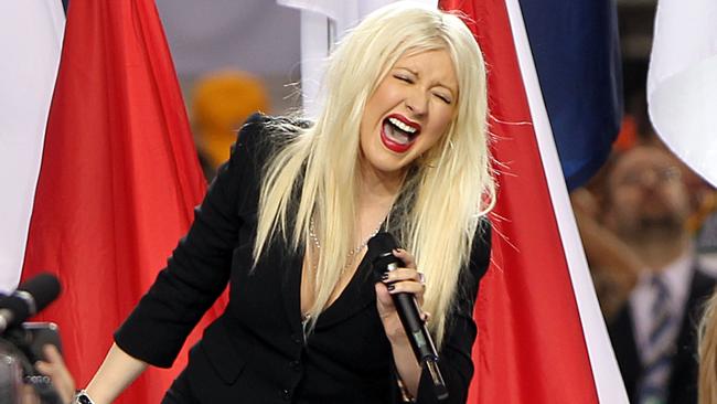 Christina Aguilera performs during the Bridgestone Super Bowl XLV Pregame Show in 2011. Picture: Christopher Polk/Getty Images