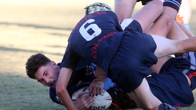 Titans Schools League rugby league clash between Aquinas (Red/Black) vs. Marymount (Blue) at Southport Tigers Rugby League Club. Henry Mellick scores a try. 24 May 2021 Southport Picture Richard Gosling