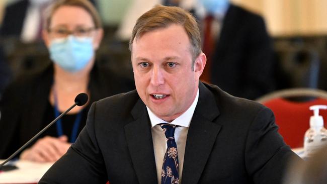 Queensland Deputy Premier Steven Miles answers questions about the Wellcamp Covid hub during an Economics and Governance Committee estimates hearing at Parliament House. Picture: Dan Peled