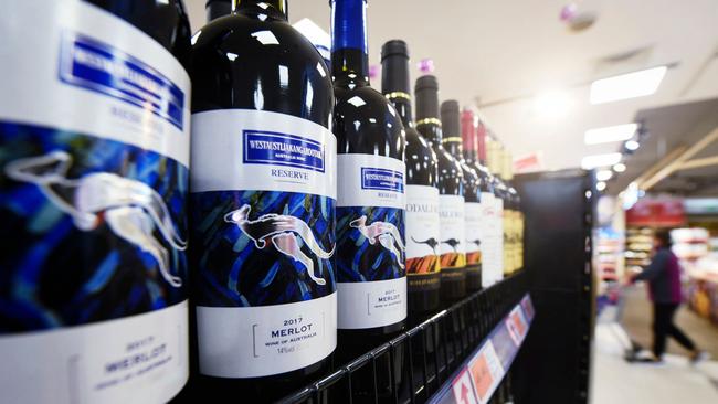 Bottles of Australian wine are displayed at a supermarket in Hangzhou, in eastern China's Zhejiang province. Picture: AFP