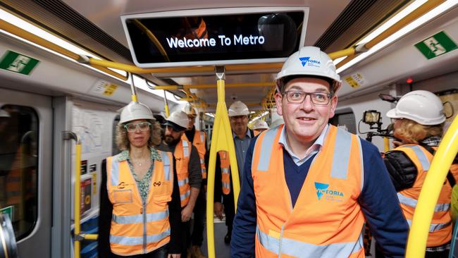 Premier Daniel Andrews inspects a new train at ANZAC Station, Metro Tunnel before making an announcement at the location. Picture: NCA NewsWire / David Geraghty