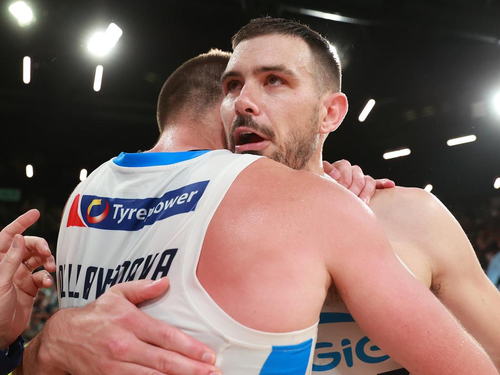 Matthew Dellavedova and Chris Goulding embrace after Melbourne United’s Game 4 win. Picture: Getty Images