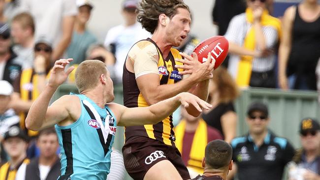 Ty Vickery marks against Port Adelaide. Picture: Sarah Reed