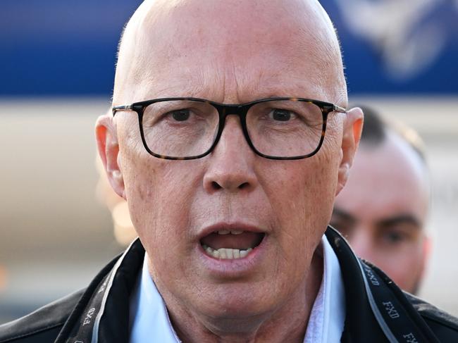 CARRICK, AUSTRALIA - MAY 01: Opposition Leader Peter Dutton speaks during a press conference at Agfest in the electorate of Lyons on May 01, 2025 in Carrick, Australia. Australia will hold a federal election on May 3. (Photo by Dan Peled/Getty Images)