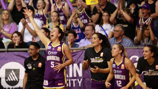 MELBOURNE, AUSTRALIA - MARCH 02: Sherrie Calleia of the Boomers, Penina Davidson of the Boomers,  Lilly Rotunno of the Boomers and Grace Graham of the Boomers react during game two of the WNBL Semi Final series between Melbourne Boomers and Southside Flyers at Melbourne Sports Centres - Parkville, on March 02, 2024, in Melbourne, Australia. (Photo by Kelly Defina/Getty Images)