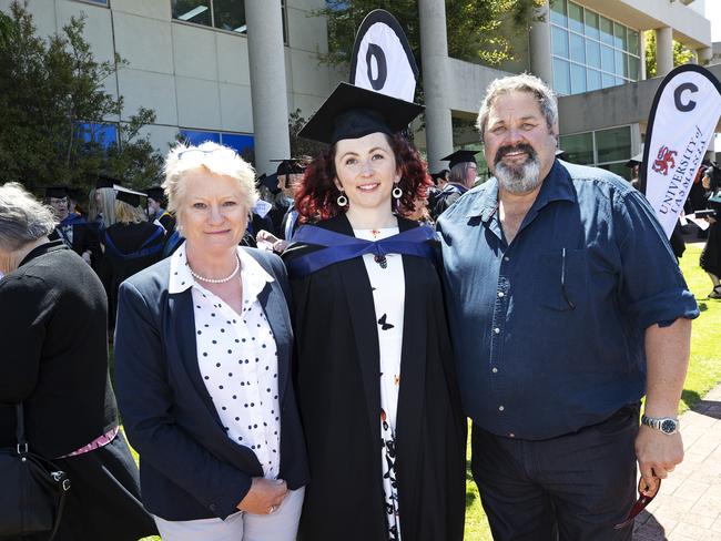 Leanne Bonney, Jasmine Gaul and Paul Bonney at the UTAS Graduation at Burnie. PICTURE CHRIS KIDD