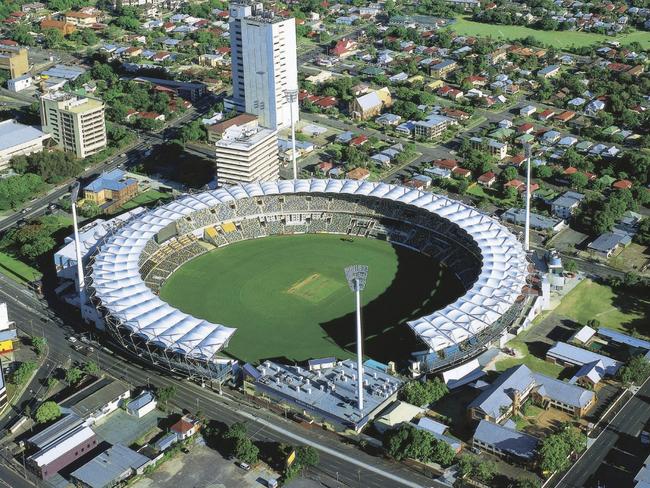 Aerial of the Gabba venue (Brisbane Cricket Ground) at Woolloongabba, and city of Brisbane, Queensland.