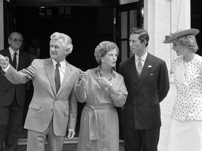 Then prime minister Bob Hawke and his wife Hazel welcome Prince Charles and Diana, Princess of Wales, in 1985. Picture: Claude Coirault/Pool/AFP