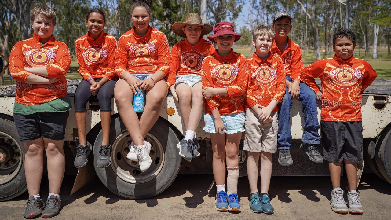 Coppabella State School students Jacob Cantrill, Jamimah Smallwood, Keeley Ball, Finn Walterse, Addalyne Newman, Hayden Cantrill, Silas Rich and Michael Smallwood at the 40th birthday celebrations of the Isaac region school. Picture: Heidi Petith