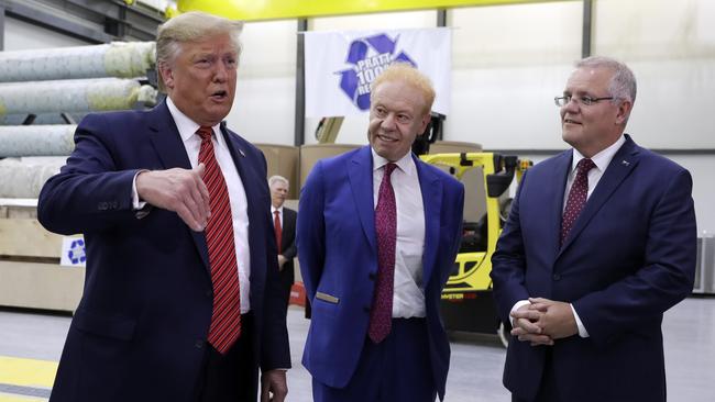 US President Donald Trump, Visy and Pratt chair Anthony Pratt and Prime Minister Scott Morrison at the opening of Pratt’s new factory in Wapakoneta, Ohio on September 22. Picture: AP