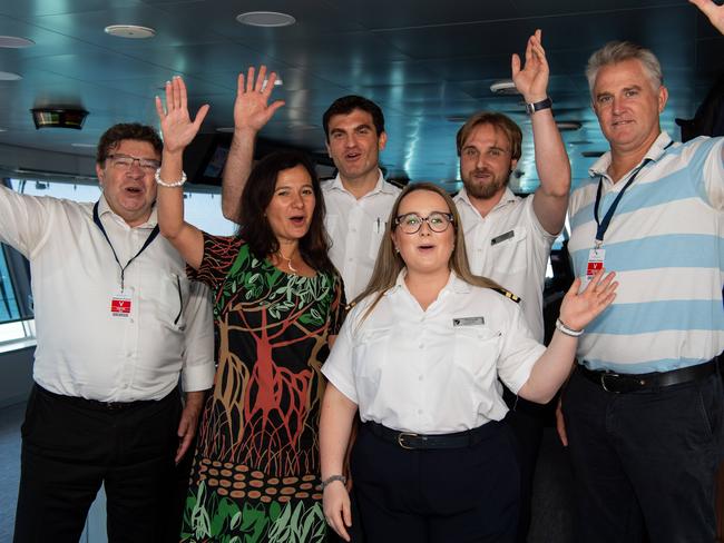 Shaun Drabsch CEO of DITT, Natalya Leahy President of SeaBourn Cruise Line, Captain Ertan Vasvi, Benna Runcie, Just Rustige and Minister Bowden as the luxury cruise ship Seabourn Pursuit arrives Darwin Port for the first time this year for its first season in the Kimberleys. Picture: Pema Tamang Pakhrin