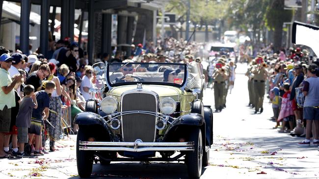 V8 Superfest Drivers Parade through Surfers Paradise. Margaret Brabham, wife of the late Sir Jack Brabham, in the lead car of the parade. Picture: JERAD WILLIAMS