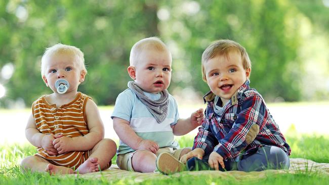 Felix 10 months, seven month old Maverick and eight month old Markoare are part of the baby boom that has hit the Southern Highlands. Picture: Tim Hunter.