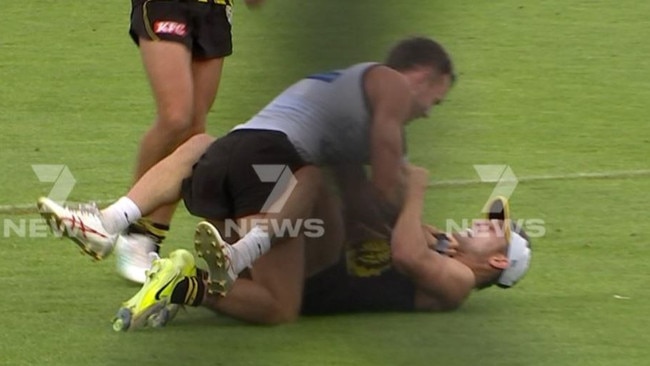 Rhyan Mansell was at the centre of a heated scuffle on Monday at Punt Road. Photo credit: Channel 7.