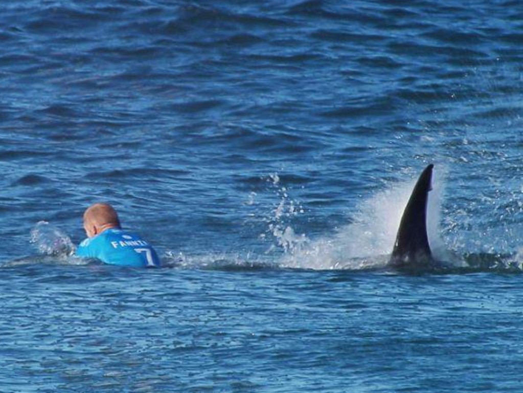 Champion surfer Mick Fanning’s encounter with a shark at Jefferys Bay, South Africa. Picture: World Surfing League/Getty Images
