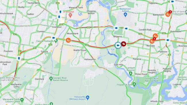 Citybound traffic is banked back about 12km to Macquarie Links. Picture: Live Traffic NSW