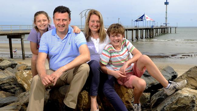 Boothby MP Andrew Southcott with his wife Kate and children Georgina and Henry at Brighton Beach after being re-elected in 2013.